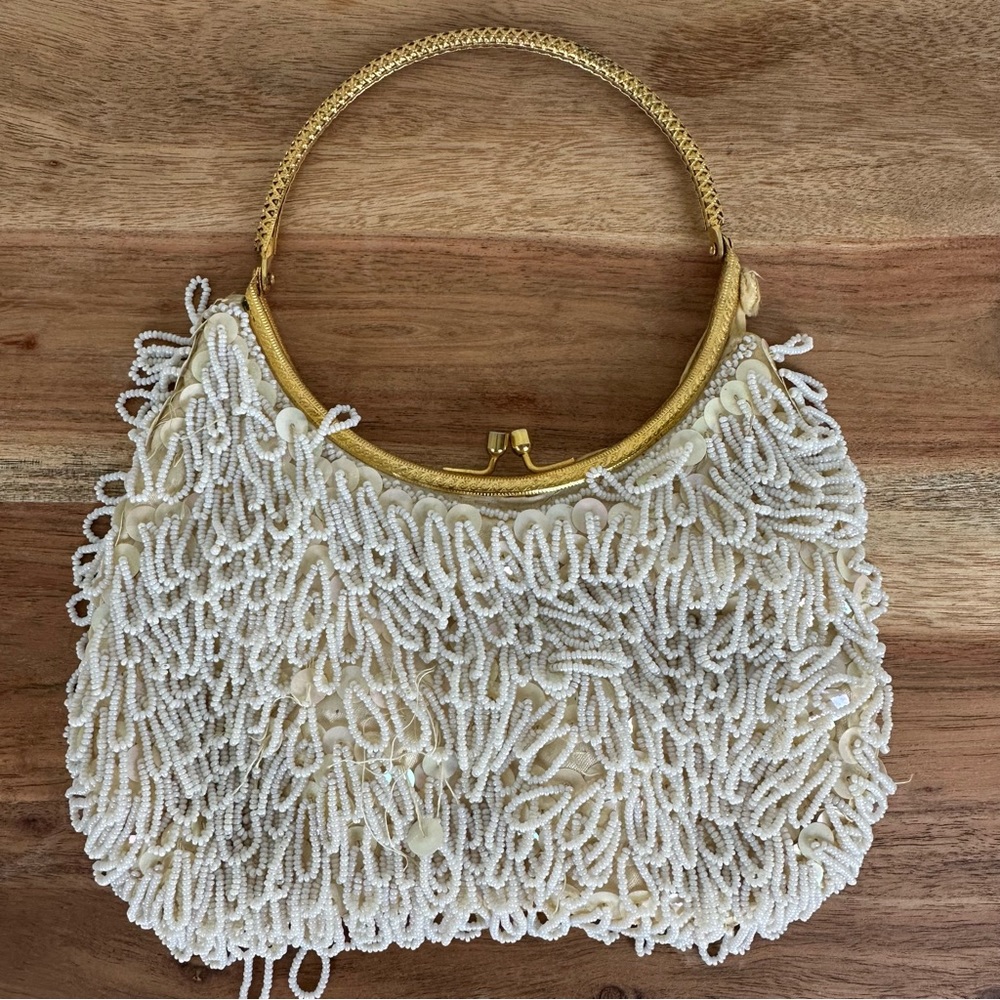 Vintage White Beaded Clutch with Gold Handle